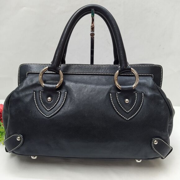 Marc Jacobs Black Leather Pushlock Pocket Double Handles Zipper Satchel Bag - Picture 2 of 16